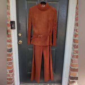 VTG 60s 70s Suede Leather Pant Suit Mod Outfit Bell Bottom Pant Turtle Neck Top
